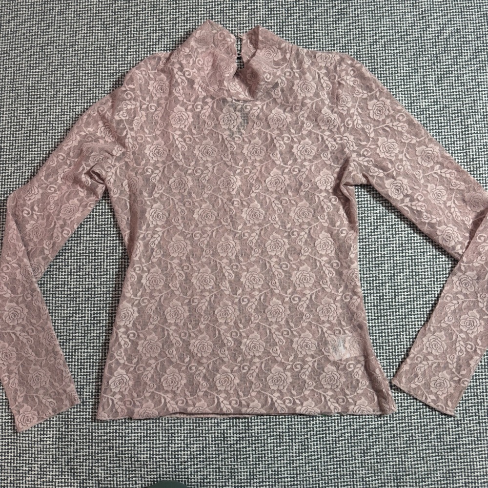 Urban Outfitters Dusty Mauve Rose Lace Mock Neck Sheer Long Sleeve Top Medium